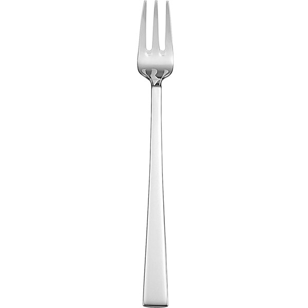 A silver fork with a white background.