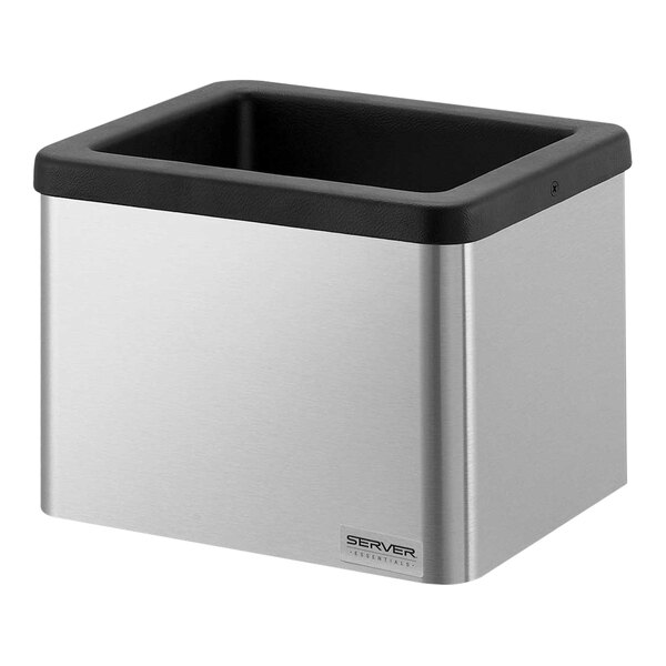 A silver stainless steel Server countertop condiment bar with black trim.