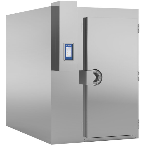 A large stainless steel rectangular metal box with a blue door.