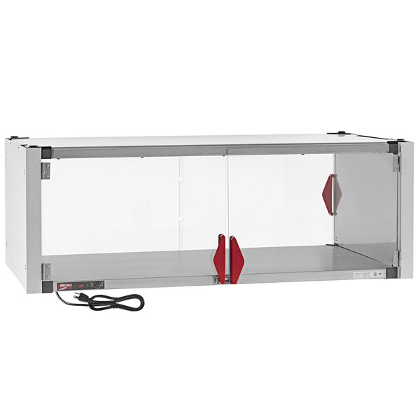 A stainless steel cabinet with a Metro wire shelf inside.