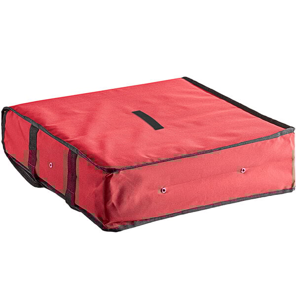 A red insulated pizza delivery bag with black trim and straps.