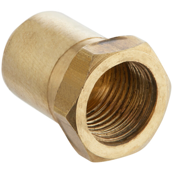 A brass threaded nut for an Avantco burner orifice.