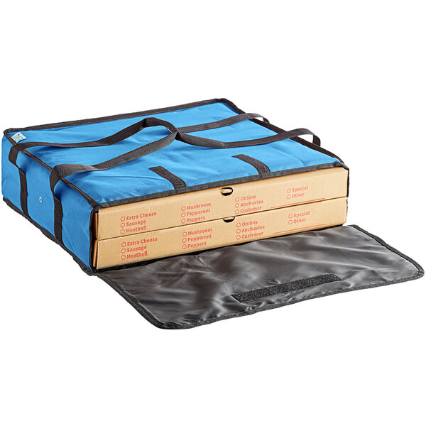 A blue insulated delivery bag with black straps.
