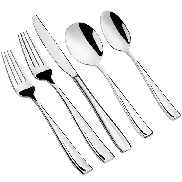 A close-up of an Acopa Monte Bianco stainless steel silverware set with a fork, knife, and spoon.