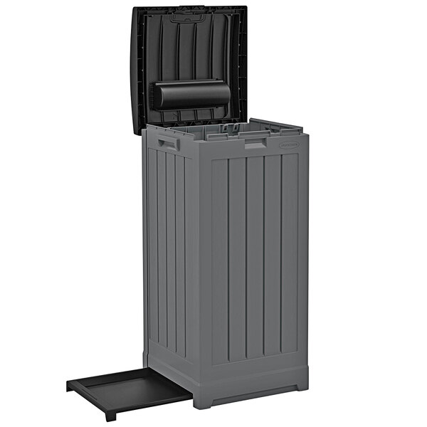 A grey Suncast Trash Hideaway outdoor waste container with a black lid open.