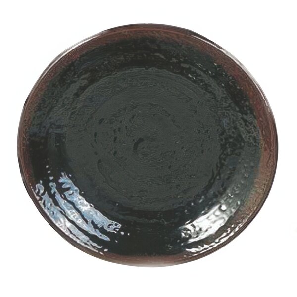 A close-up of a Tenmoku black melamine plate with a black rim.