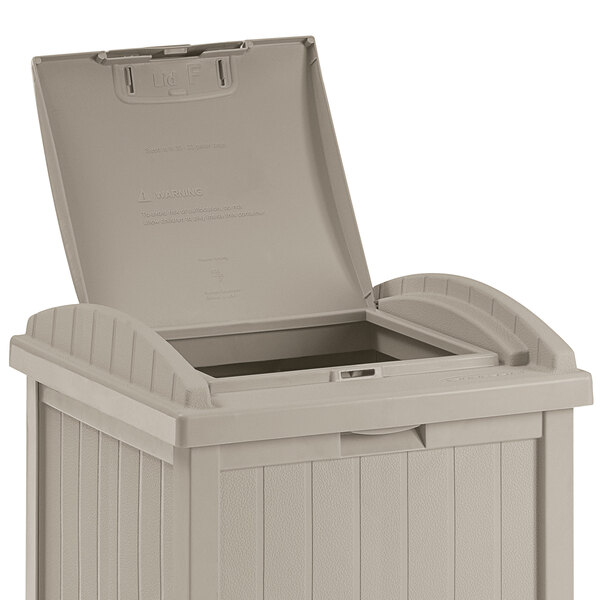 A beige Suncast plastic trash can with a lid open.