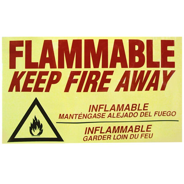 A yellow and black triangular sign with the word flammable in red text above a black flame.