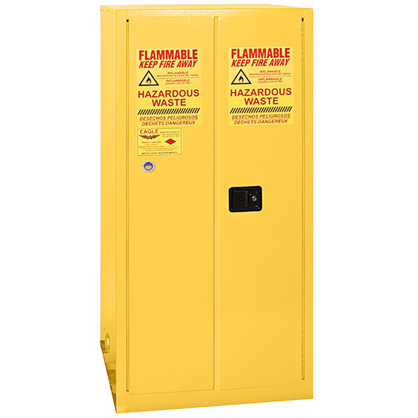A yellow metal safety cabinet with red and white warning labels.