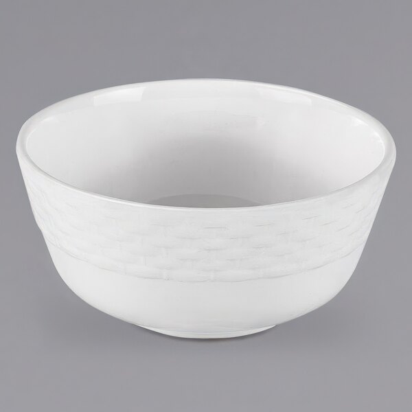 A white Bon Chef melamine bowl with an embossed weave pattern.