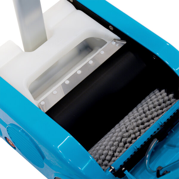 A blue and white Namco Floorwash 1000 walk behind cylindrical floor scrubber with a white handle.