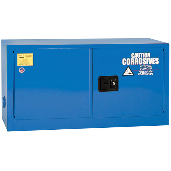 A blue metal Eagle Manufacturing safety cabinet with 2 doors.