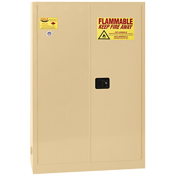 A white safety cabinet with yellow labels and a self-closing sliding door.