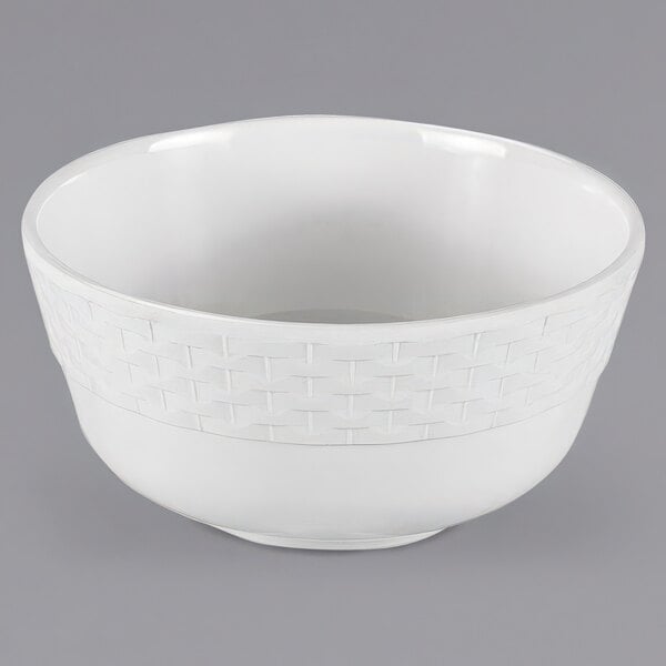 A white Bon Chef melamine bowl with a woven pattern.