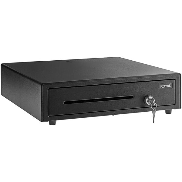 A black rectangular Royal Cash Drawer with a key slot.