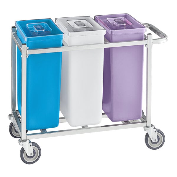A white rectangular mobile triple ingredient bin with blue and purple bins.