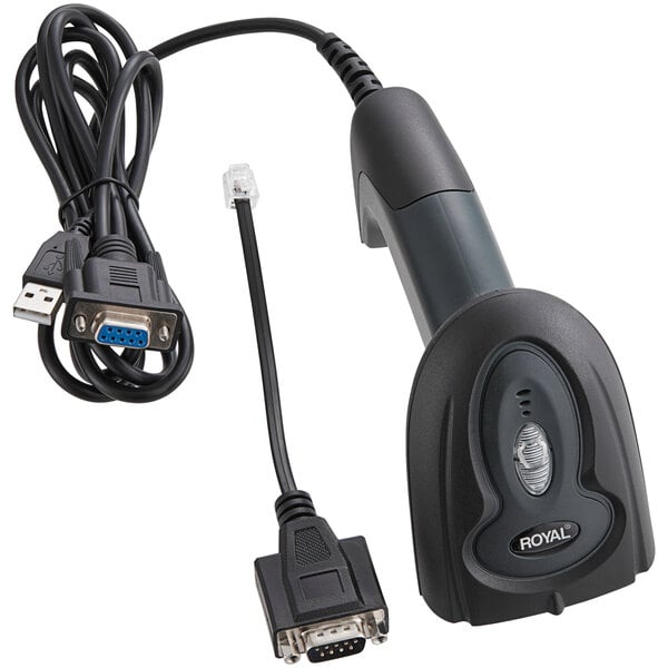 A black Royal PS700-LSR barcode scanner with USB cables.
