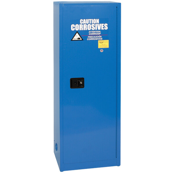 A blue metal Eagle safety cabinet with a black handle.