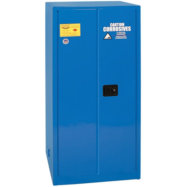 A blue Eagle Manufacturing safety cabinet with two doors.