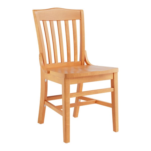 A Lancaster Table & Seating natural finish wood school house chair with a seat and back.