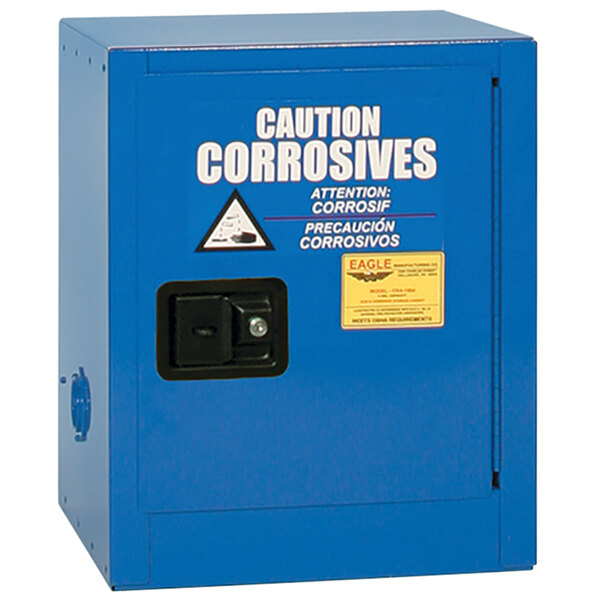 A blue Eagle Manufacturing safety cabinet for corrosives with a black door.