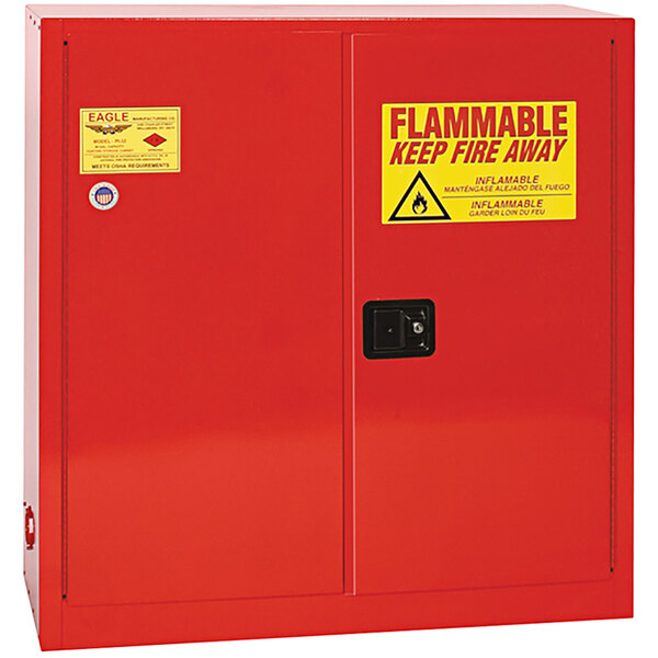 A red metal cabinet with a yellow and red sign that says "Flammable"