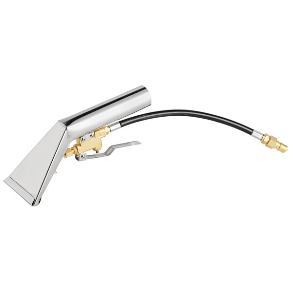 A silver and gold metal upholstery and stair cleaning tool with a black hose attached.