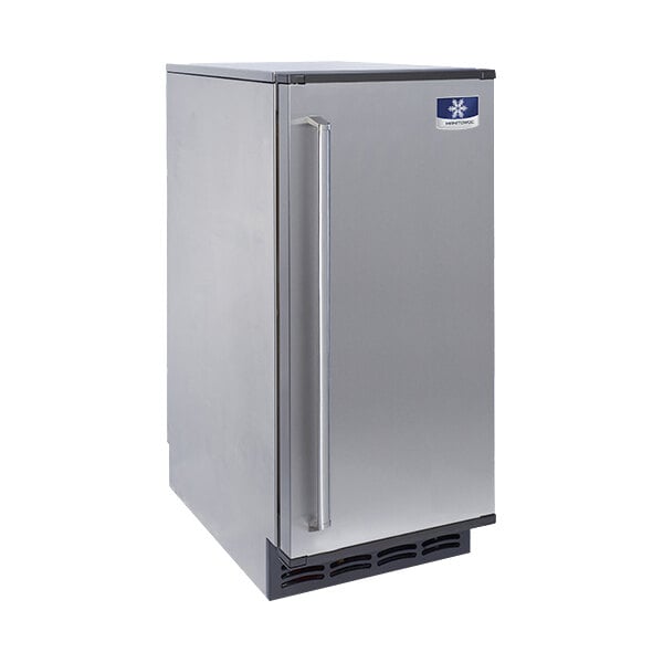 A stainless steel Manitowoc CrystalCraft undercounter ice machine with a door open.