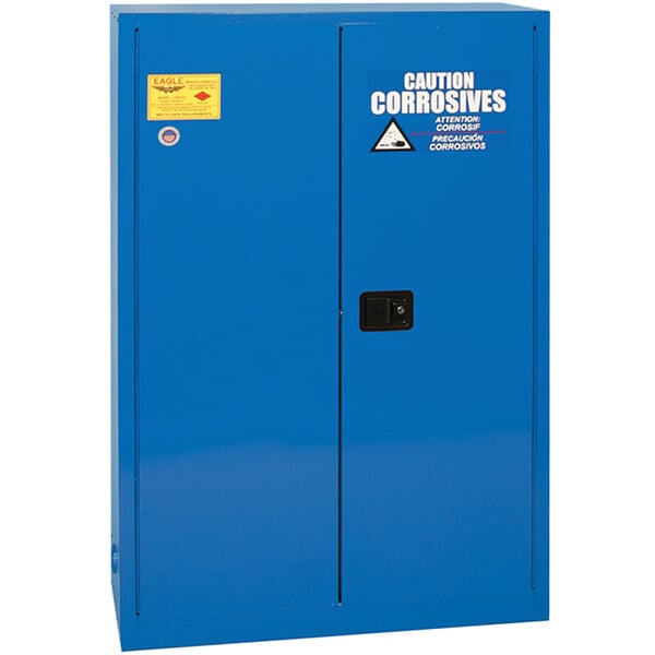 A blue metal Eagle safety cabinet with white text.