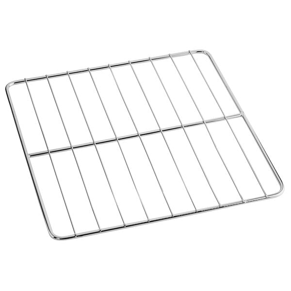 A metal wire rack with a grid on it.