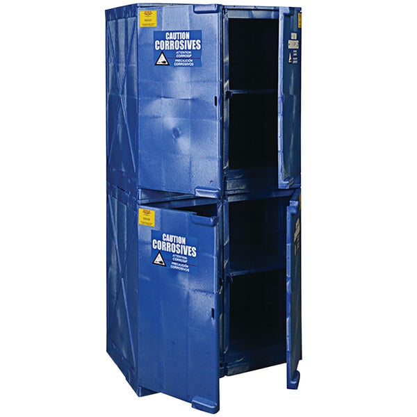 A blue Eagle Manufacturing safety cabinet with two doors open.