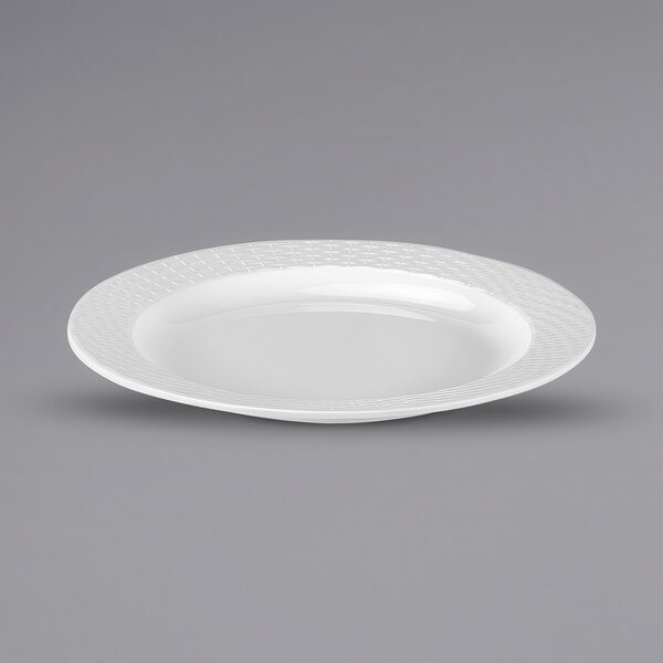 A white Bon Chef melamine dinner plate with an embossed circular pattern.