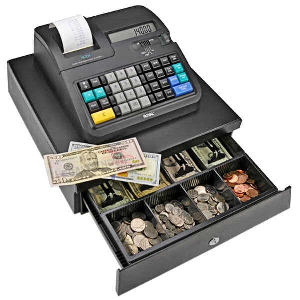 A Royal cash register with paper money in the drawer.