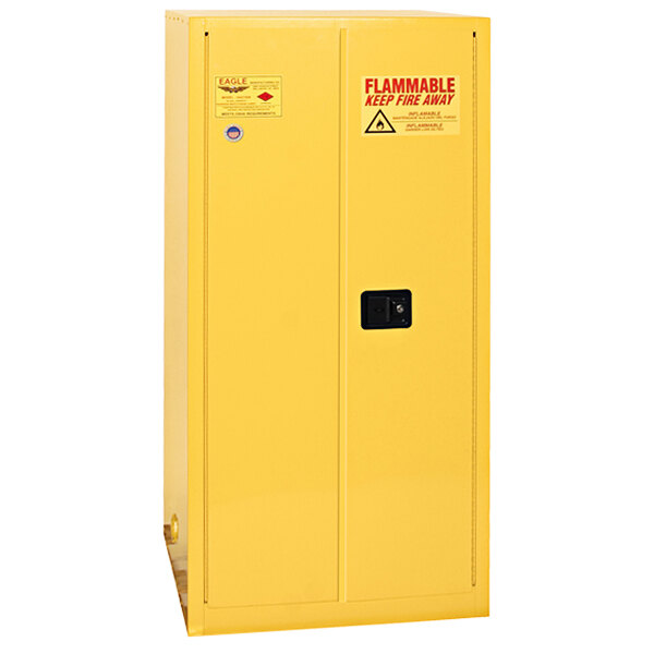 A yellow metal safety cabinet with a black square door handle.