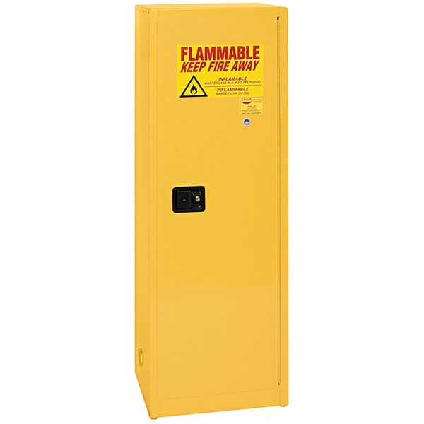 A yellow metal safety cabinet with a red warning sign.