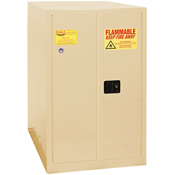 A white metal safety cabinet with a yellow label.