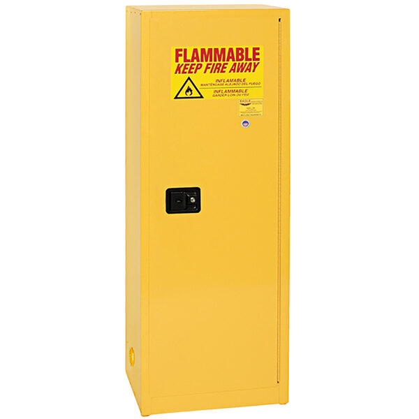 A yellow metal cabinet with a red warning sign for flammable liquids.