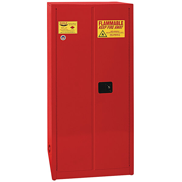 a red metal locker with a lock