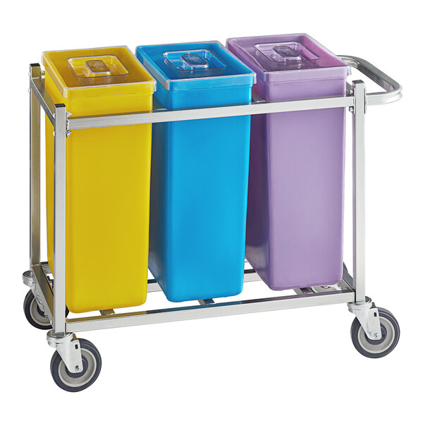 A yellow, blue, and purple Baker's Lane ingredient bin on a metal cart.