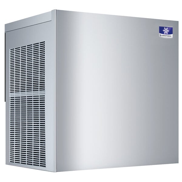 A white rectangular stainless steel Manitowoc air cooled ice machine with a blue sticker on it.