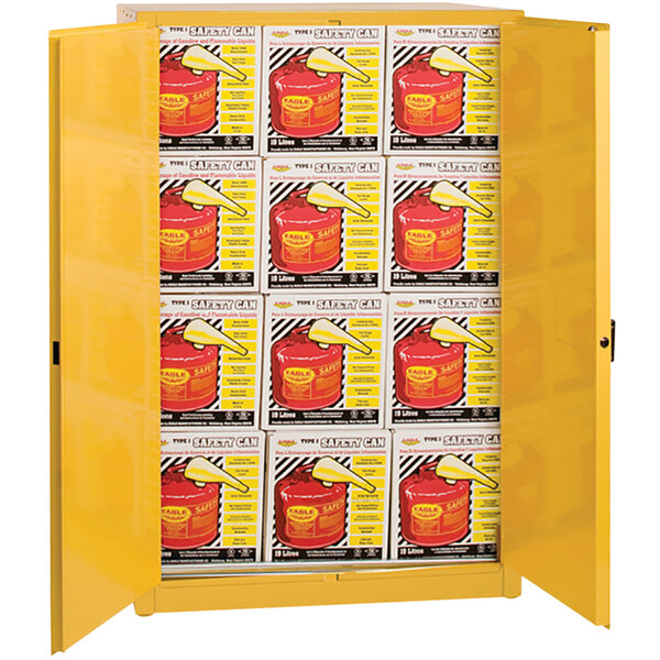 A yellow Eagle safety cabinet with red and yellow safety cans.