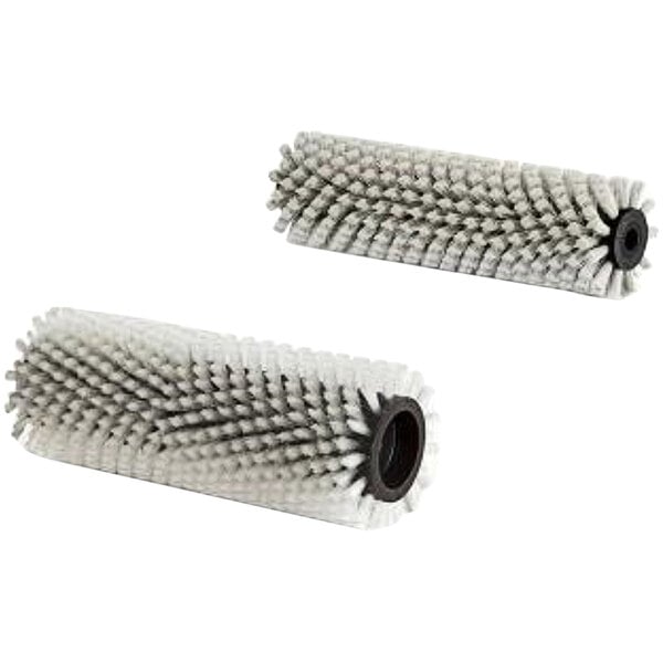 A close-up of two Namco gray floor scrubber brushes with white bristles.