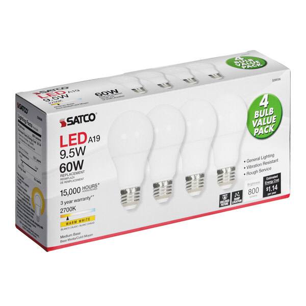Satco S39596 9.5 Watt (60 Watt Equivalent) Frosted Warm White Multi-Directional LED Light Bulb, 120V (A19) - 4/Pack