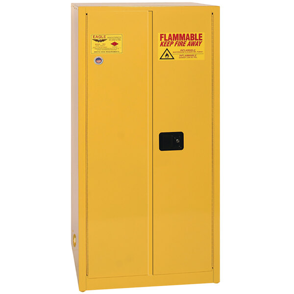 A yellow metal safety cabinet with two black square doors.