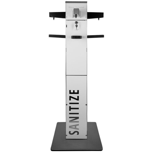 A Newco white and black rectangular sanitation station with 4 black dispensers.