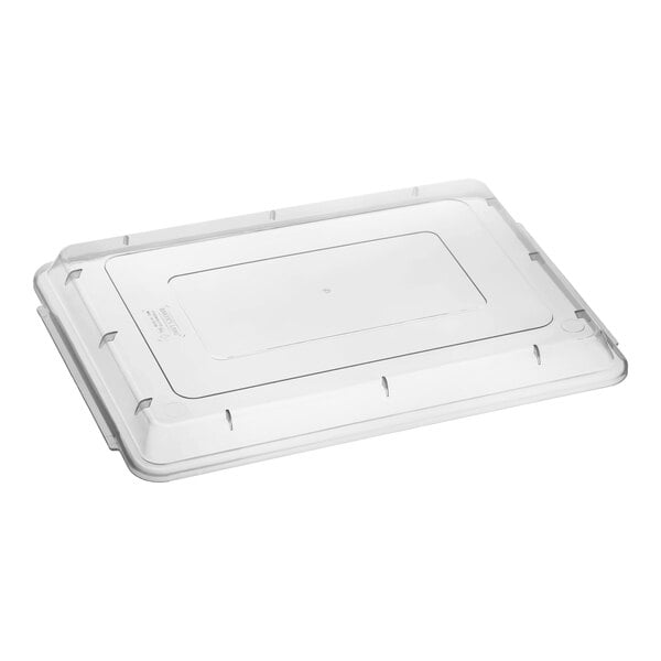 A clear rectangular polypropylene bun or sheet pan cover.