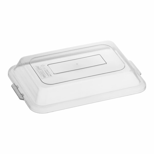 A clear rectangular polypropylene bun or sheet pan cover.