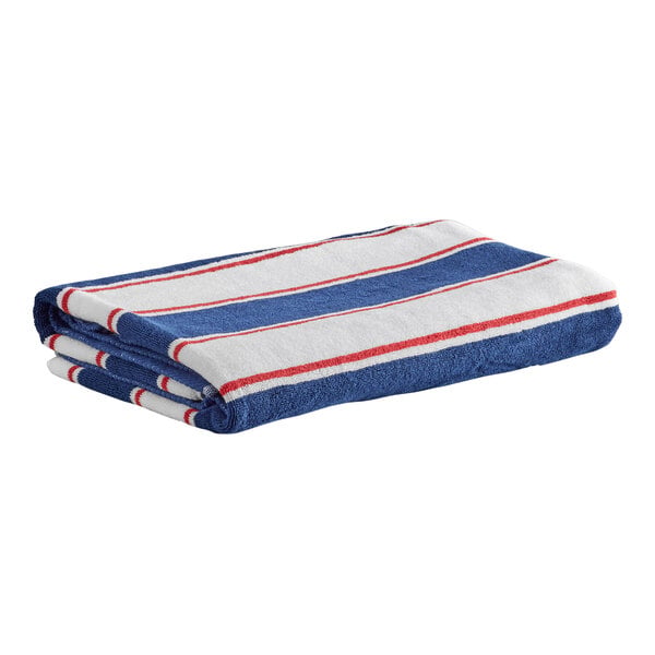 A folded towel with navy blue, white, and red stripes.