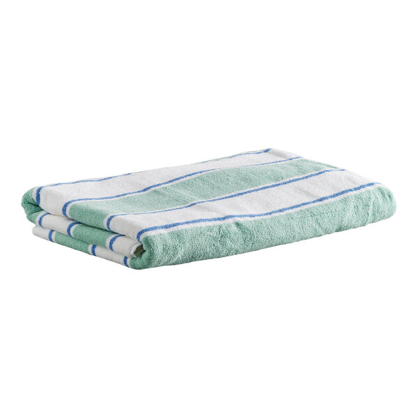 A folded towel with green and white stripes separated by thin blue lines.