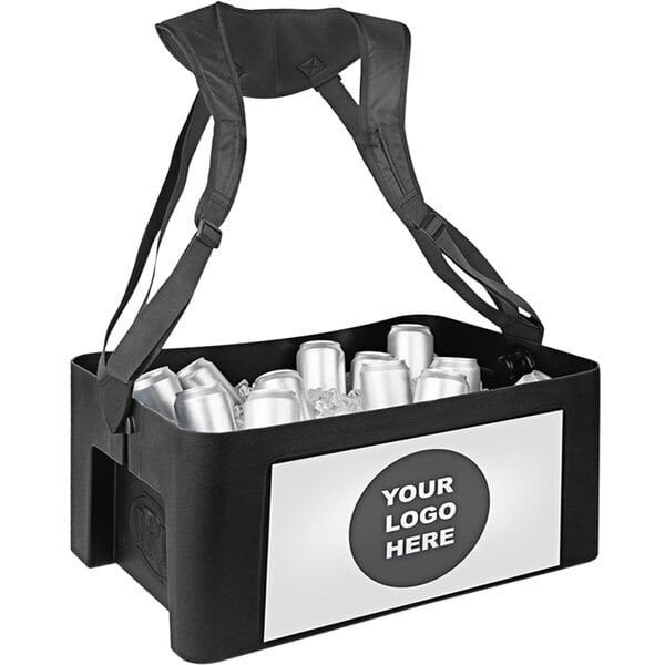 A black IRP Hawker cooler with a logo on it and a black strap.